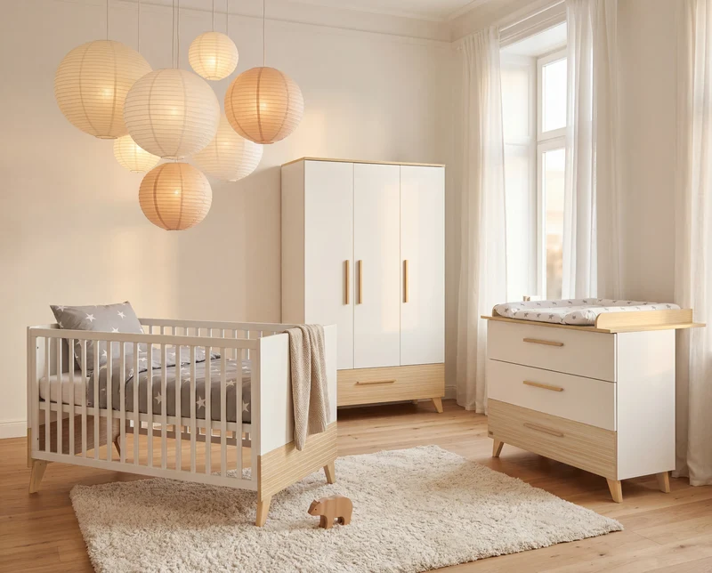 Babyzimmerset 'Theo' 3-teilig - Bett 70x140 + Wickelkommode + Kleiderschrank - Weiß / Eiche