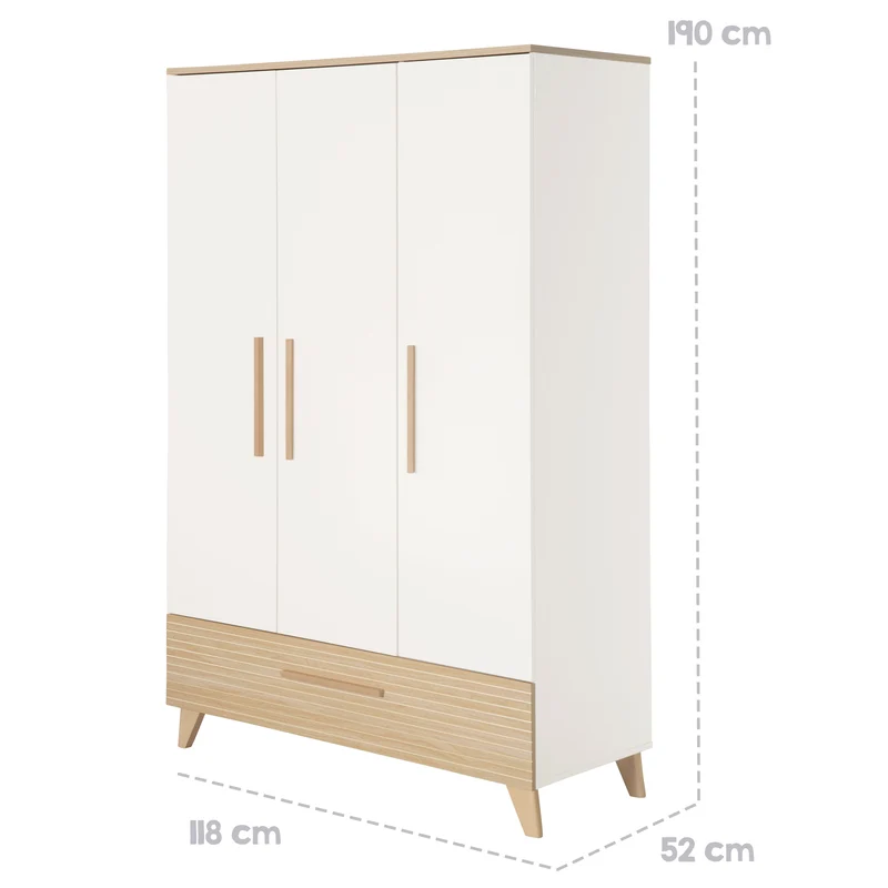 Babyzimmerset 'Theo' 3-teilig - Bett 70x140 + Wickelkommode + Kleiderschrank - Weiß / Eiche