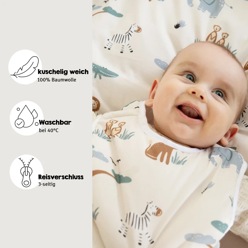 Babyschlafsack 'Savanna Friends' aus Baumwolle - Tiermotiv - Beige