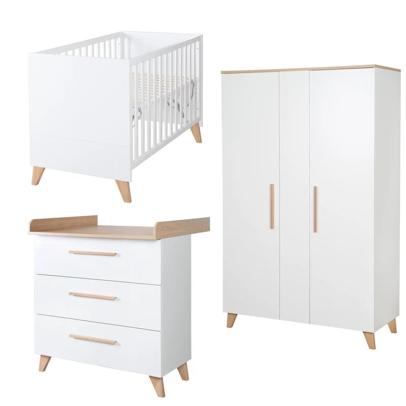 Babyzimmer Leon 3-teilig - Baby- & Beistellbett 60x120 + Kommode + Kleiderschrank 2,5-türig - Weiß / Othello Eiche