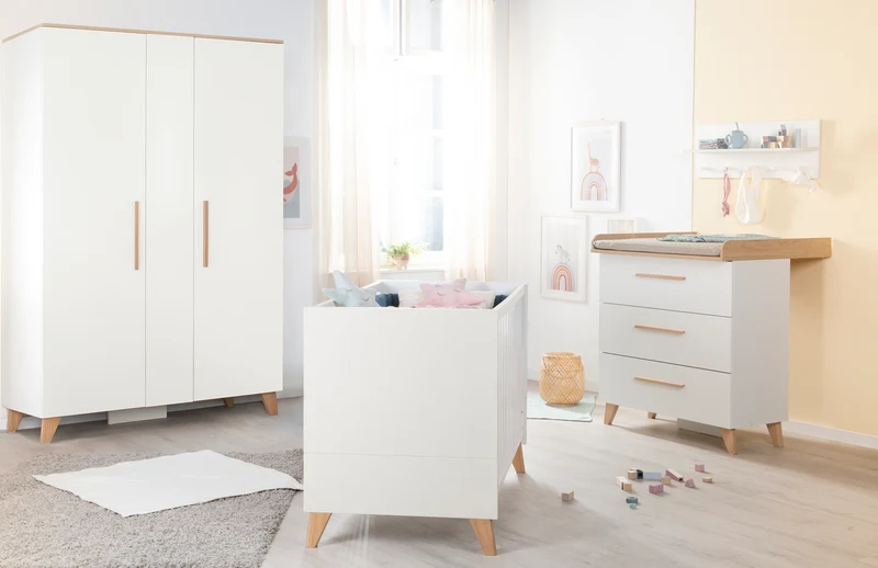 Babyzimmer Leon 3-teilig - Baby- & Beistellbett 60x120 + Kommode + Kleiderschrank 2,5-türig - Weiß / Othello Eiche
