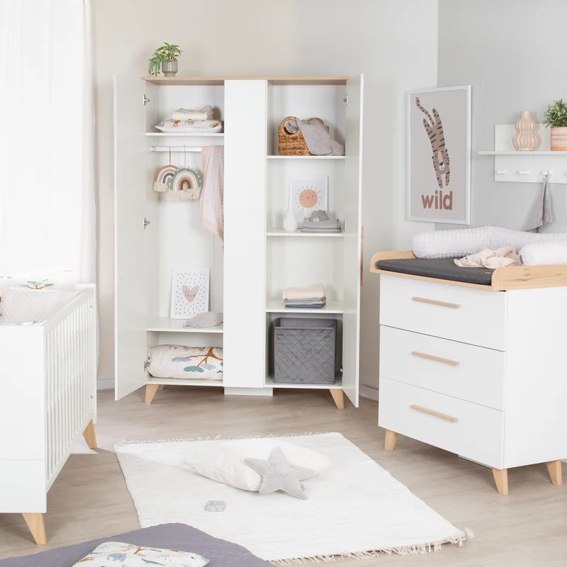 Babyzimmer Leon 3-teilig - Baby- & Beistellbett 60x120 + Kommode + Kleiderschrank 2,5-türig - Weiß / Othello Eiche