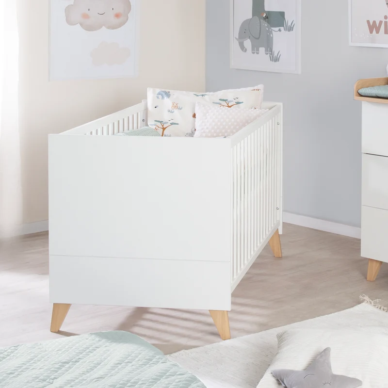 Babyzimmer Set 'Leon' 3-teilig - Kombi-Bett 70x140 + Wickelkommode + Kleiderschrank 2-türig - Weiß / Othello Eiche