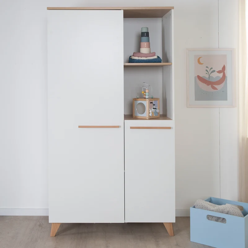 Babyzimmer Set 'Leon' 3-teilig - Kombi-Bett 70x140 + Wickelkommode + Kleiderschrank 2-türig - Weiß / Othello Eiche