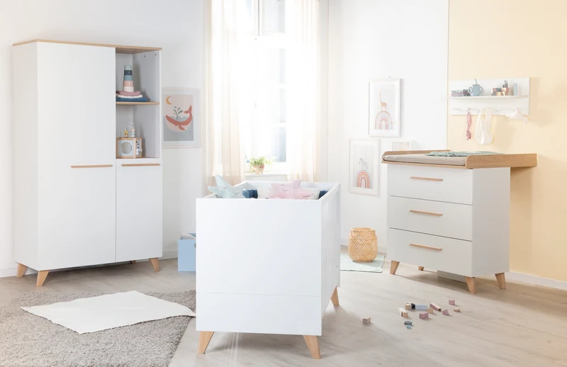 Babyzimmer Set 'Leon' 3-teilig - Kombi-Bett 70x140 + Wickelkommode + Kleiderschrank 2-türig - Weiß / Othello Eiche