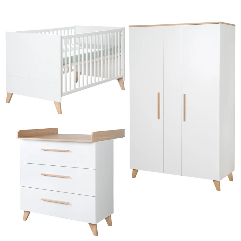 Zimmerset 'Leon' 3-teilig - Kombi-Bett 70x140 + Kommode + Schrank 2,5-türig - Weiß / Eiche