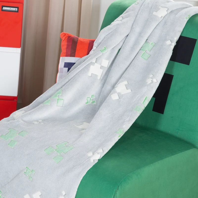 Kuscheldecke 'Minecraft' mit Glow-in-the-Dark-Funktion - Hellgrau / Grün