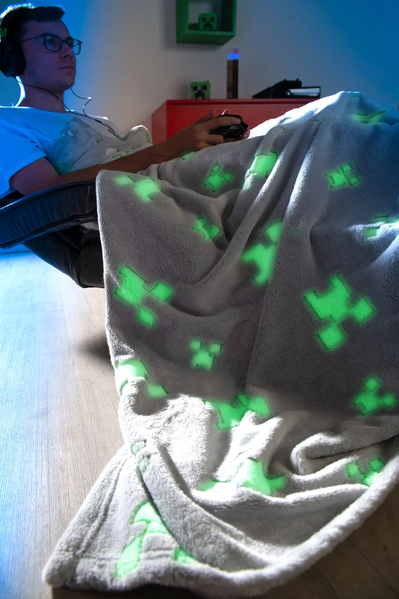 Kuscheldecke 'Minecraft' mit Glow-in-the-Dark-Funktion - Hellgrau / Grün