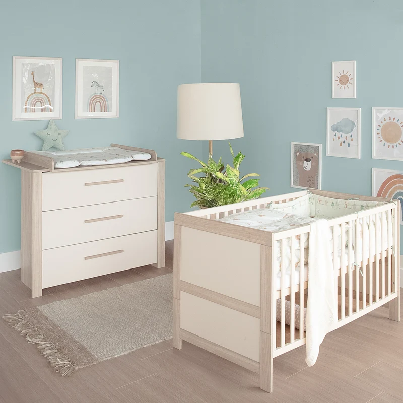 Möbelset 'Momo' 2-teilig - Kinderbett 70x140 + Wickelkommode - Cashmere / Tristan Eiche