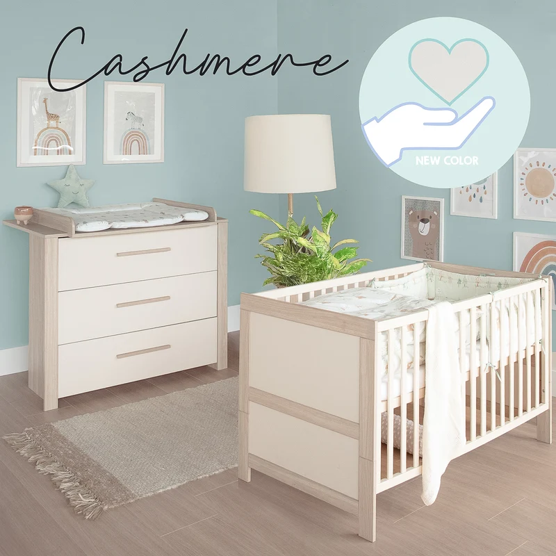 Möbelset 'Momo' 2-teilig - Kinderbett 70x140 + Wickelkommode - Cashmere / Tristan Eiche
