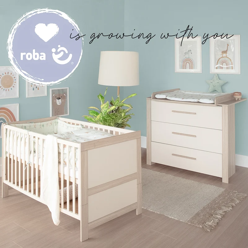 Möbelset 'Momo' 2-teilig - Kinderbett 70x140 + Wickelkommode - Cashmere / Tristan Eiche