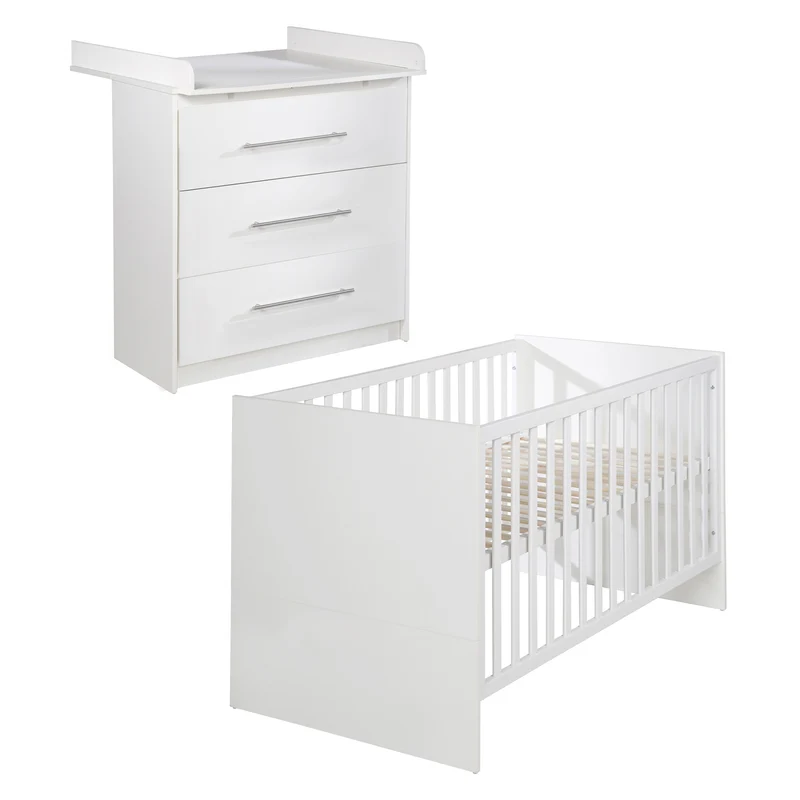 Möbelset 'Maren' 2-teilig - Kombi-Bett 70x140 + Wickelkommode schmal - Weiß