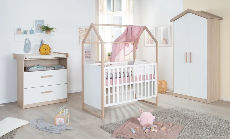 Babyzimmer Set Cabane 3-teilig in Hausoptik - Weiß / Dekor Eiche