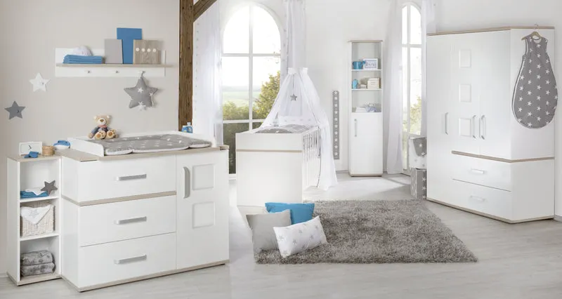 Kindermöbelset 'Moritz‘, 3-teilig, mit Kinderbett 70 x 140 cm, Wickelkommode breit & Schrank, weiß