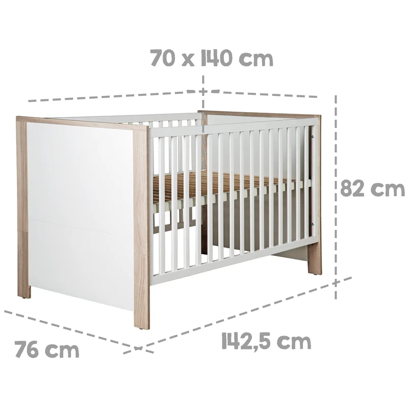 Möbelset 'Olaf' inkl. Kombi-Bett 70 x 140 cm & breiter Wickelkommode, Luna Elm/weiß