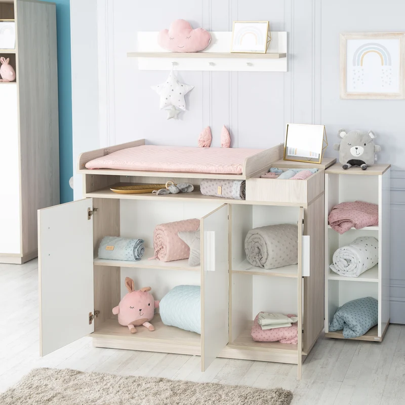 Möbelset 'Olaf' inkl. Kombi-Bett 70 x 140 cm & breiter Wickelkommode, Luna Elm/weiß