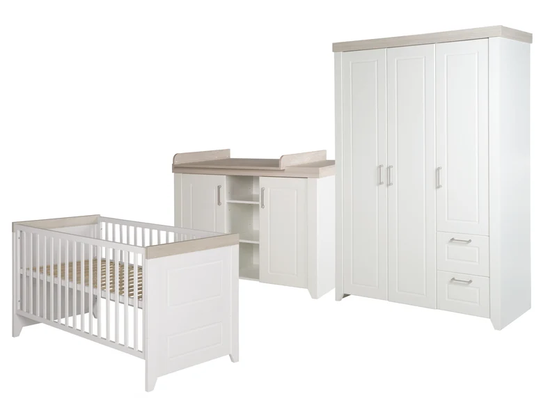Kinderzimmerset 'Felicia' inkl. Kombi-Bett 70 x 140 cm, Wickelkommode & 3-türigem Schrank, Luna Elm/weiß