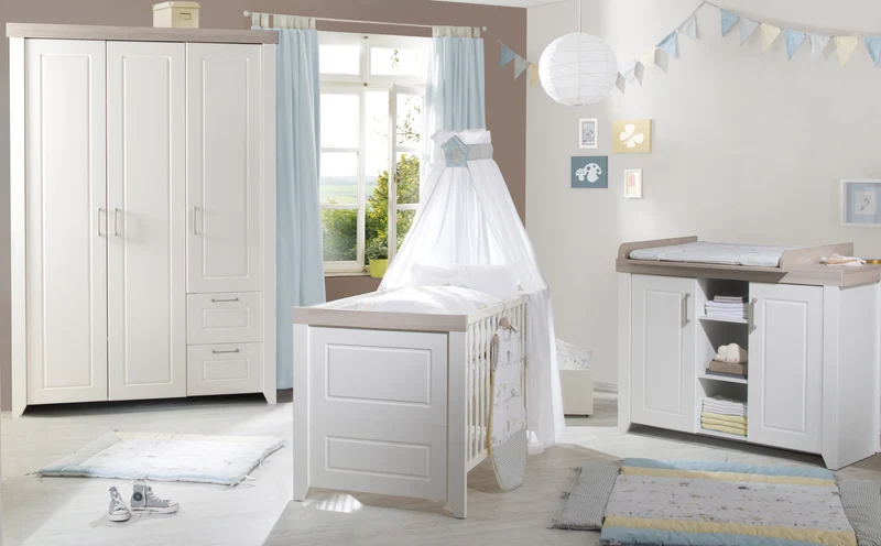 Kinderzimmerset 'Felicia' inkl. Kombi-Bett 70 x 140 cm, Wickelkommode & 3-türigem Schrank, Luna Elm/weiß