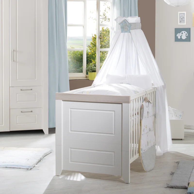 Kinderzimmerset 'Felicia' inkl. Kombi-Bett 70 x 140 cm, Wickelkommode & 3-türigem Schrank, Luna Elm/weiß