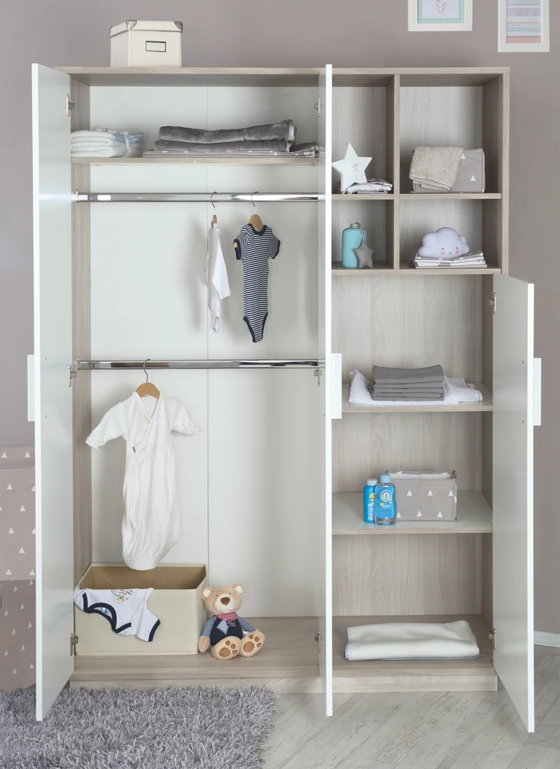 Kinderzimmerset 'Olaf' inkl. Kombi-Bett 70 x 140 cm, Wickelkommode & 3-türigem Schrank, Luna Elm/weiß