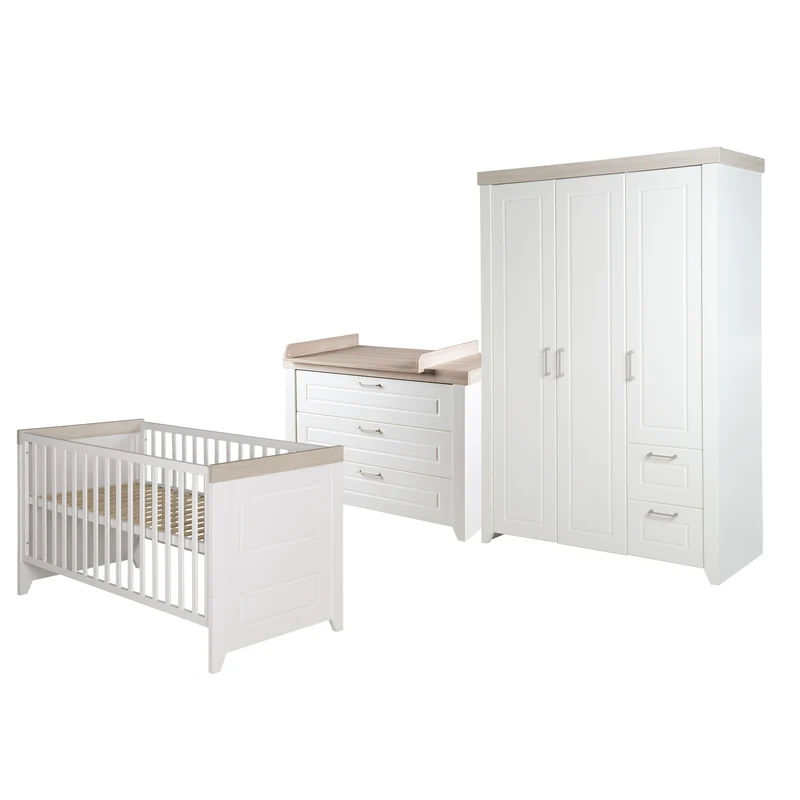 Zimmerset 'Felicia' inkl. Kombi-Bett 70 x 140 cm, Wickelkommode & 3-türigem Schrank, Luna Elm / weiß