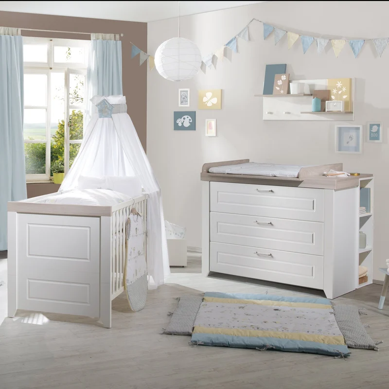 Zimmerset 'Felicia' inkl. Kombi-Bett 70 x 140 cm, Wickelkommode & 3-türigem Schrank, Luna Elm / weiß