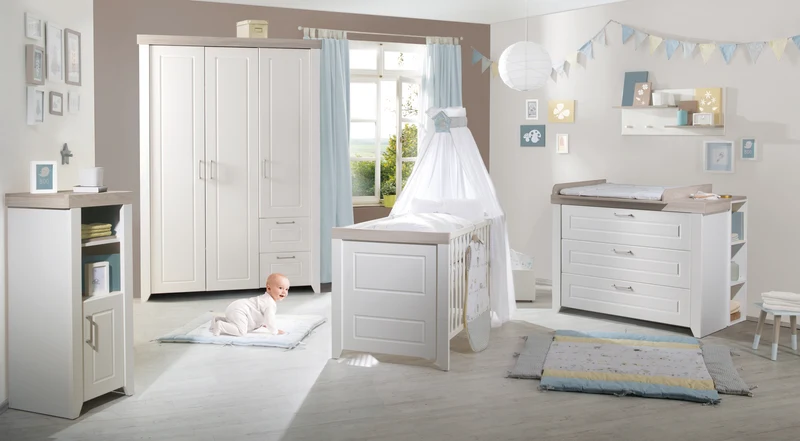 Zimmerset 'Felicia' inkl. Kombi-Bett 70 x 140 cm, Wickelkommode & 3-türigem Schrank, Luna Elm / weiß