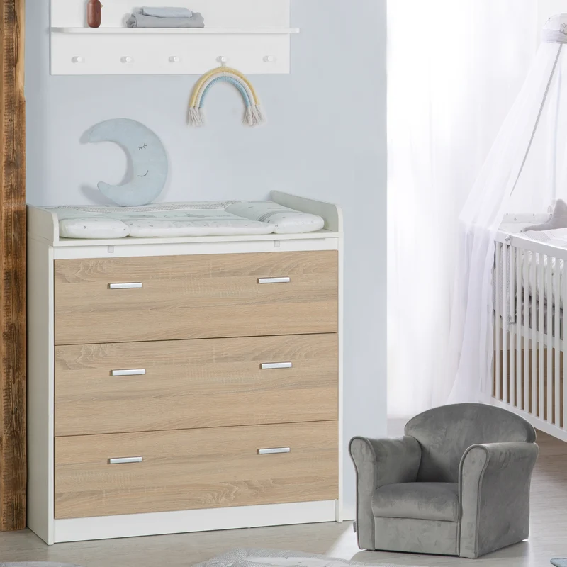 Möbelset 'Gabriella' 2-teilig - Bett 70x140 + Wickelkommode schmal - Weiß & Dekor Eiche
