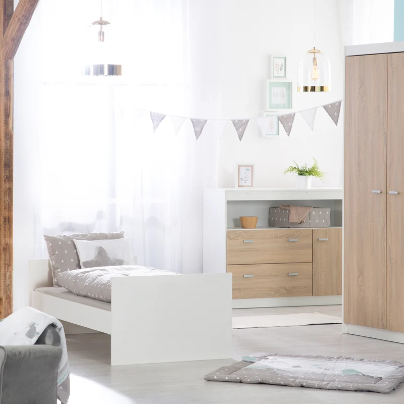 Möbelset 'Gabriella' 2-teilig - Bett 70x140 + Wickelkommode schmal - Weiß & Dekor Eiche