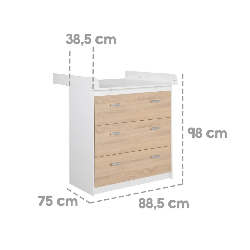 Möbelset 'Gabriella' 2-teilig - Bett 70x140 + Wickelkommode schmal - Weiß & Dekor Eiche