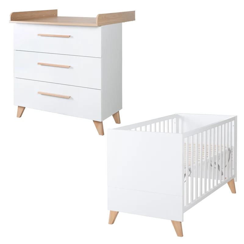 Möbelset 'Leon' 2-teilig - 2in1 Babybett 60x120 + Wickelkommode - Weiß / Othello Eiche