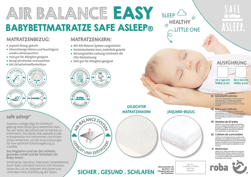 Babybettmatratze "safe asleep®" – Air Balance Easy, 70 x 140 x 9 cm, für optimales Schlafklima