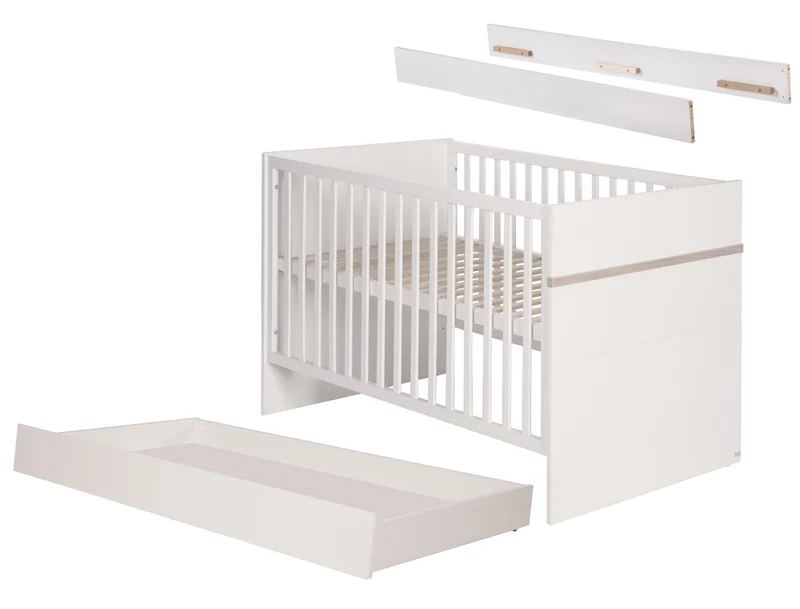 Bettset "Moritz" – inkl. Bett 70 x 140 cm inkl. Lattenrost, Umbauseiten & Bettkasten, weiß/Luna Elm