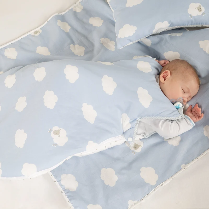 Schlafsack "Kleine Wolke blau" – 90 cm, ganzjähriger Babyschlafsack, atmungsaktive Baumwolle