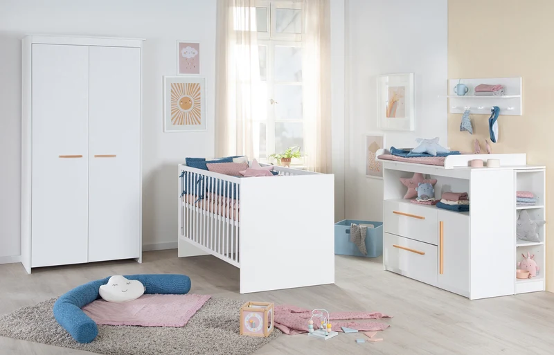 Kinderzimmer 'Lilo' - Kombi-Bett 70x140 + Wickelkommode + Kleiderschrank 2-türig - Weiß