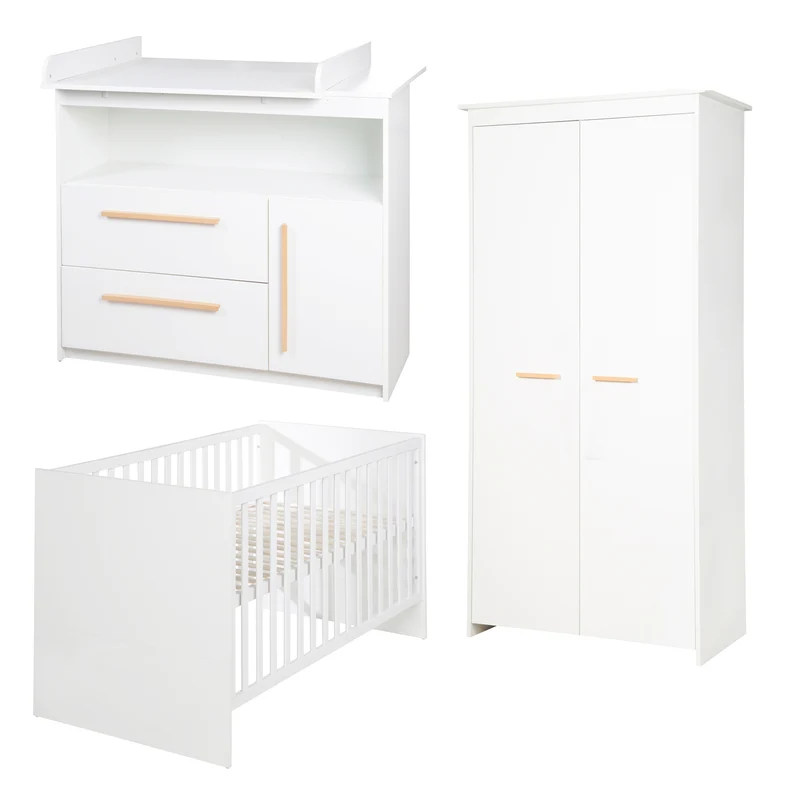 Kinderzimmer 'Lilo' - Kombi-Bett 70x140 + Wickelkommode + Kleiderschrank 2-türig - Weiß