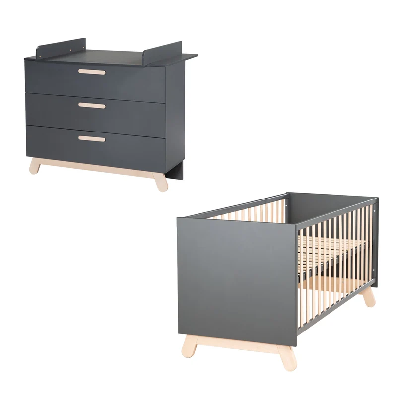 Zimmerset "Jara" inkl. Baby-/Kinderbett 70 x 140 cm und Wickelkommode, anthrazit