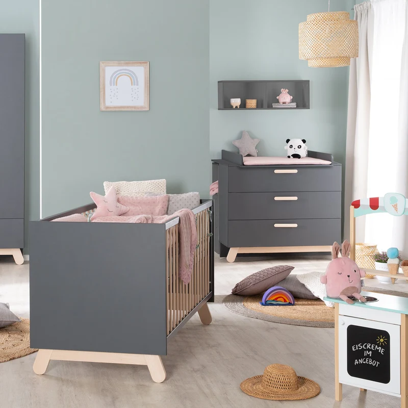 Zimmerset "Jara" inkl. Baby-/Kinderbett 70 x 140 cm und Wickelkommode, anthrazit