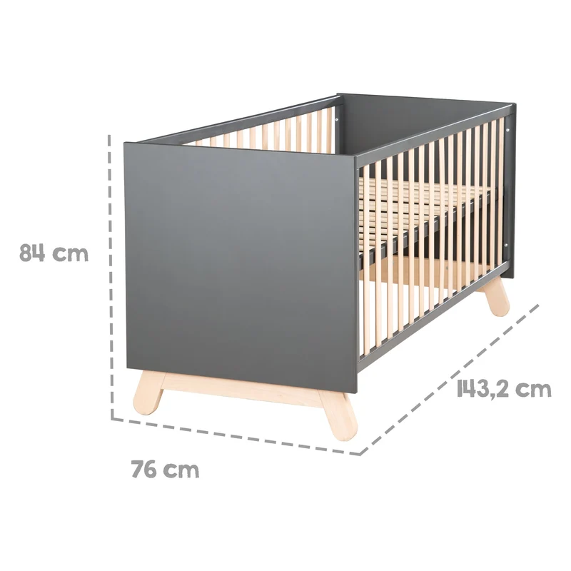 Zimmerset "Jara" inkl. Baby-/Kinderbett 70 x 140 cm und Wickelkommode, anthrazit