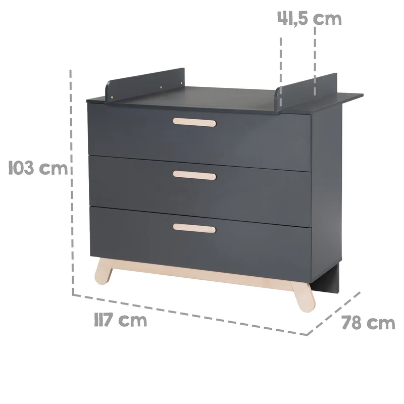 Zimmerset "Jara" inkl. Baby-/Kinderbett 70 x 140 cm und Wickelkommode, anthrazit