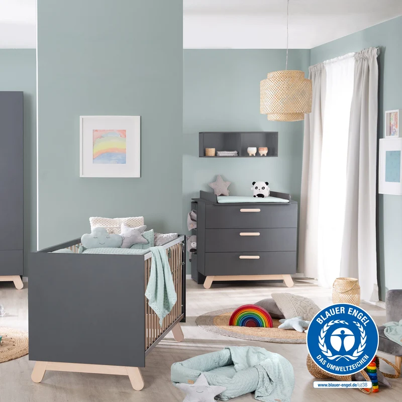 Zimmerset "Jara" inkl. Baby-/Kinderbett 70 x 140 cm und Wickelkommode, anthrazit