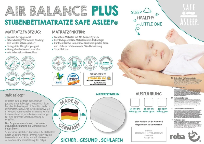 Wiegenmatratze "safe asleep®" – Air Balance Plus, 40 x 90 x 5,5 cm, für optimales Schlafklima