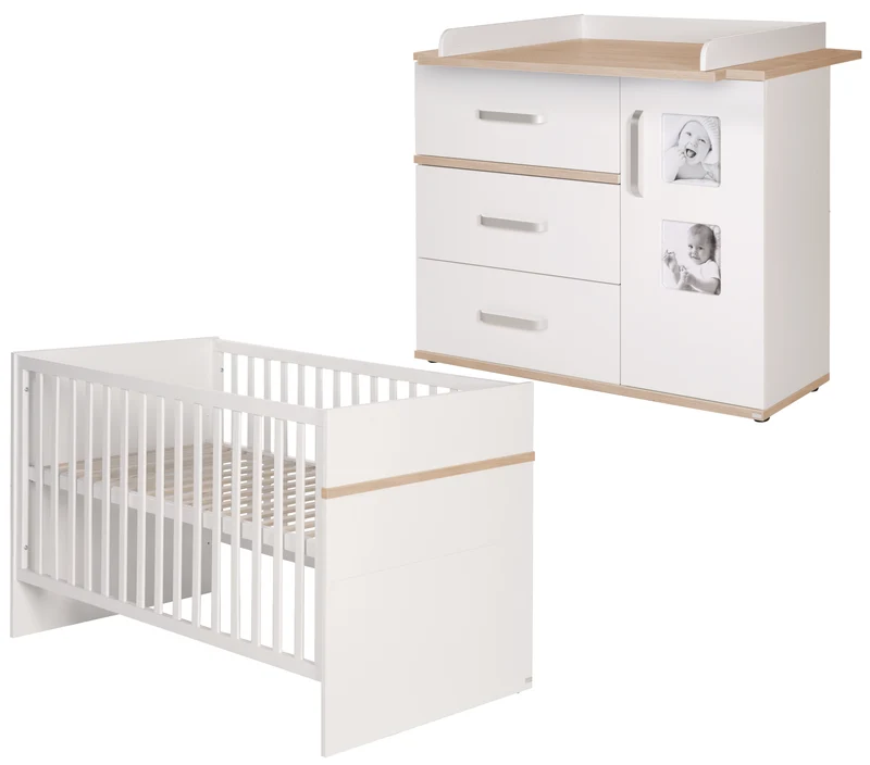 Babymöbel-Set 'Pia', 2-tlg, inkl. Kombi-Bett 70 x 140 cm & breiter Wickelkommode, Weiß / San Remo Eiche