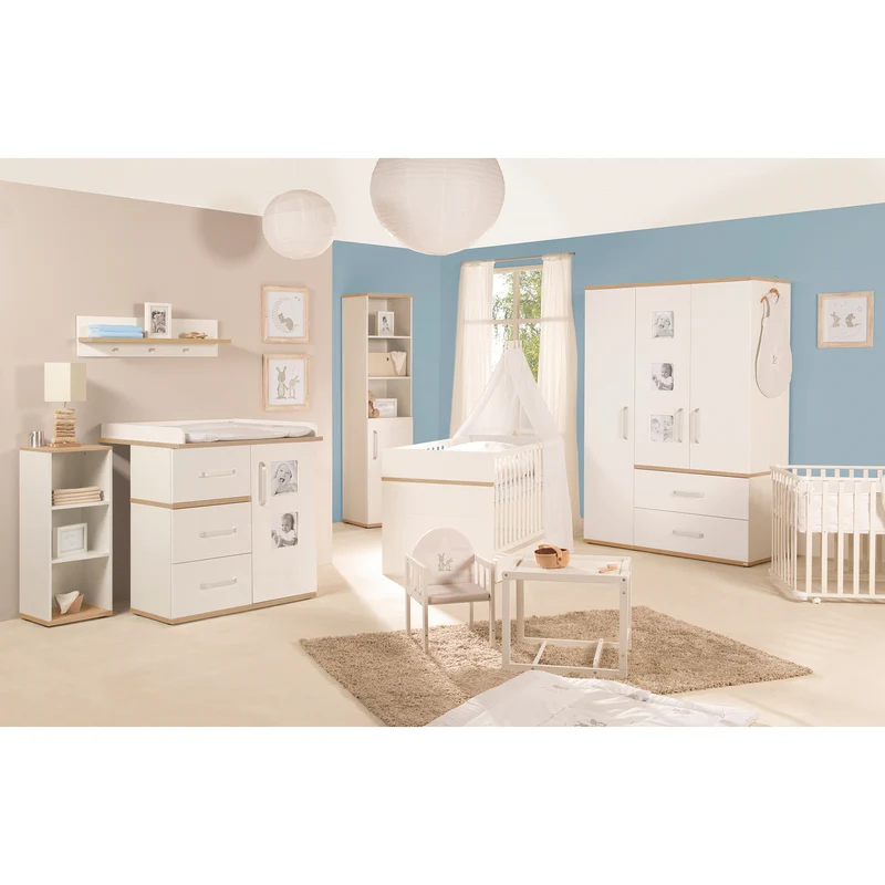 Babymöbel-Set 'Pia', 2-tlg, inkl. Kombi-Bett 70 x 140 cm & breiter Wickelkommode, Weiß / San Remo Eiche