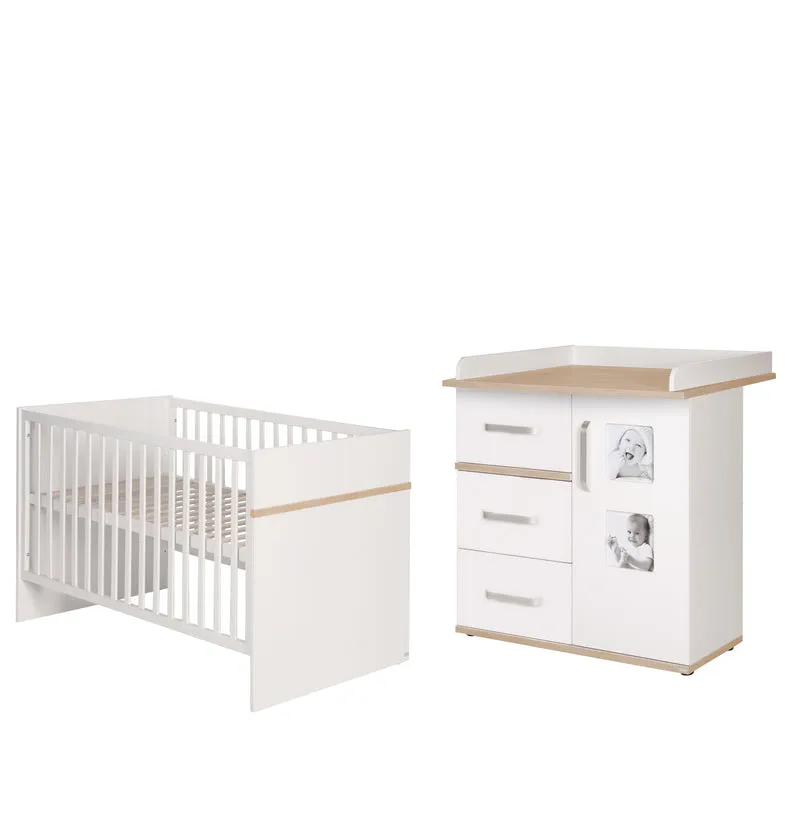 Kindermöbelset 'Pia', 2-teilig - Baby-/Kinderbett 70 x 140 cm + Wickelkommode mit Wickelansatz - Weiß