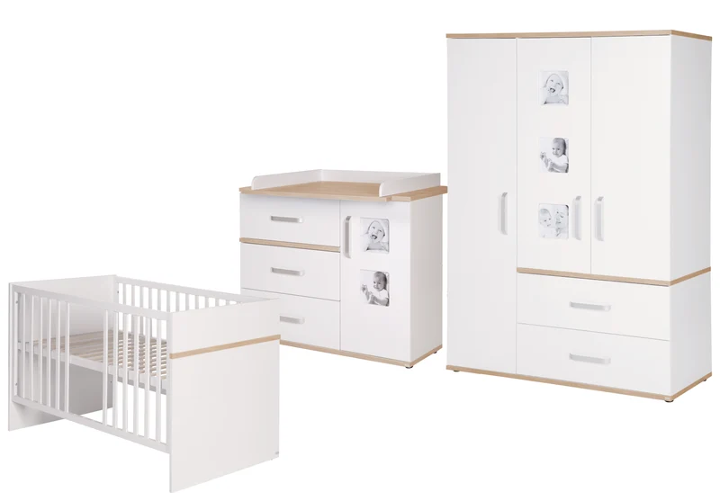 Kindermöbelset 'Pia', 3-teilig, inkl. Babybett 70 x 140 cm, Wickelkommode & Kleiderschrank, weiß
