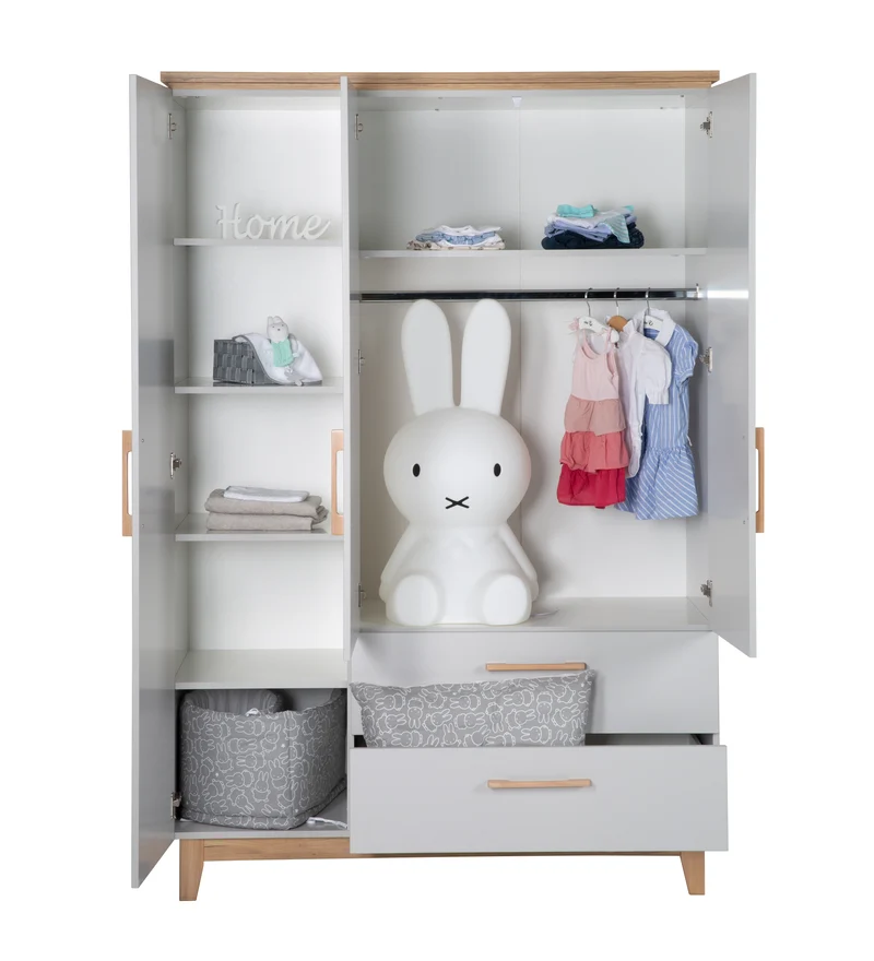 Kinderzimmerset 'Caro', inkl. Kombi-Bett 70 x 140 cm, Wickelkommode & 3-türigem Schrank, Lichtgrau/Goldeiche
