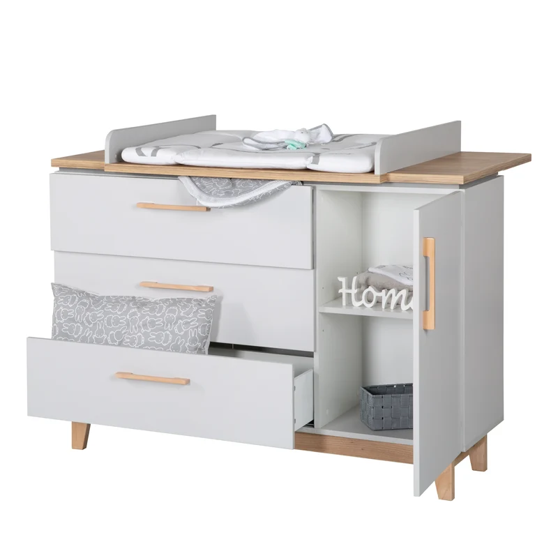 Kinderzimmerset 'Caro', inkl. Kombi-Bett 70 x 140 cm, Wickelkommode & 3-türigem Schrank, Lichtgrau/Goldeiche