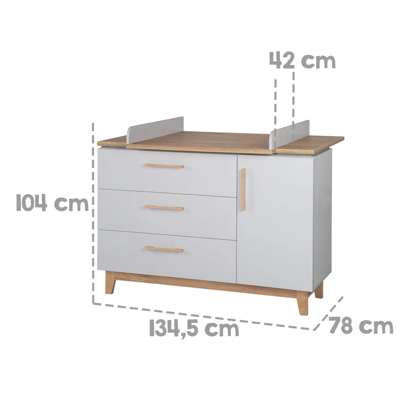 Kinderzimmerset 'Caro', inkl. Kombi-Bett 70 x 140 cm, Wickelkommode & 3-türigem Schrank, Lichtgrau/Goldeiche