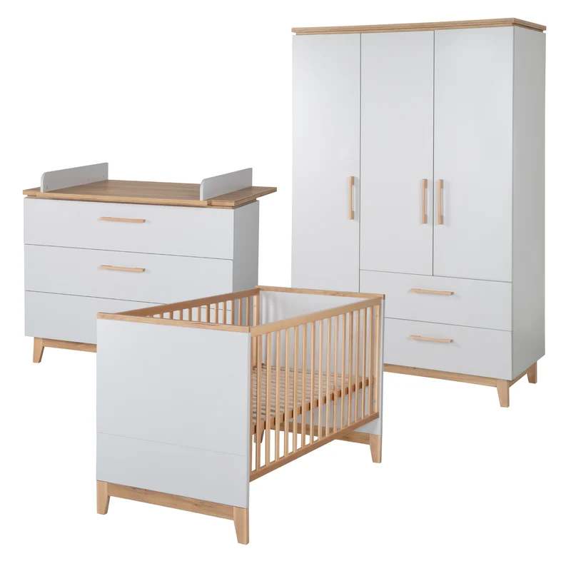 Kinderzimmerset 'Caro', inkl. Kombi-Bett 70 x 140 cm, Wickelkommode & 3-türigem Schrank, Lichtgrau/Goldeiche